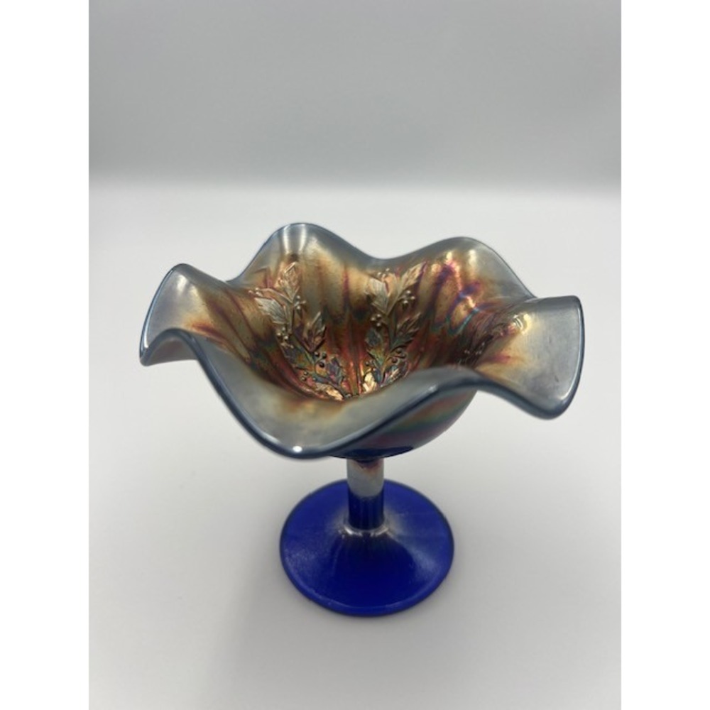VTG Fenton Rib & Holly Sprig Cobalt Blue Carnival Glass Ruffled Compote MCM